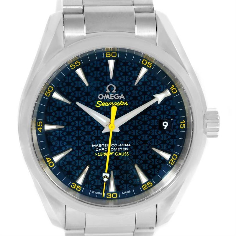 The image shows a front view of the Omega Seamaster watch, highlighting its dial, hands, and bracelet.