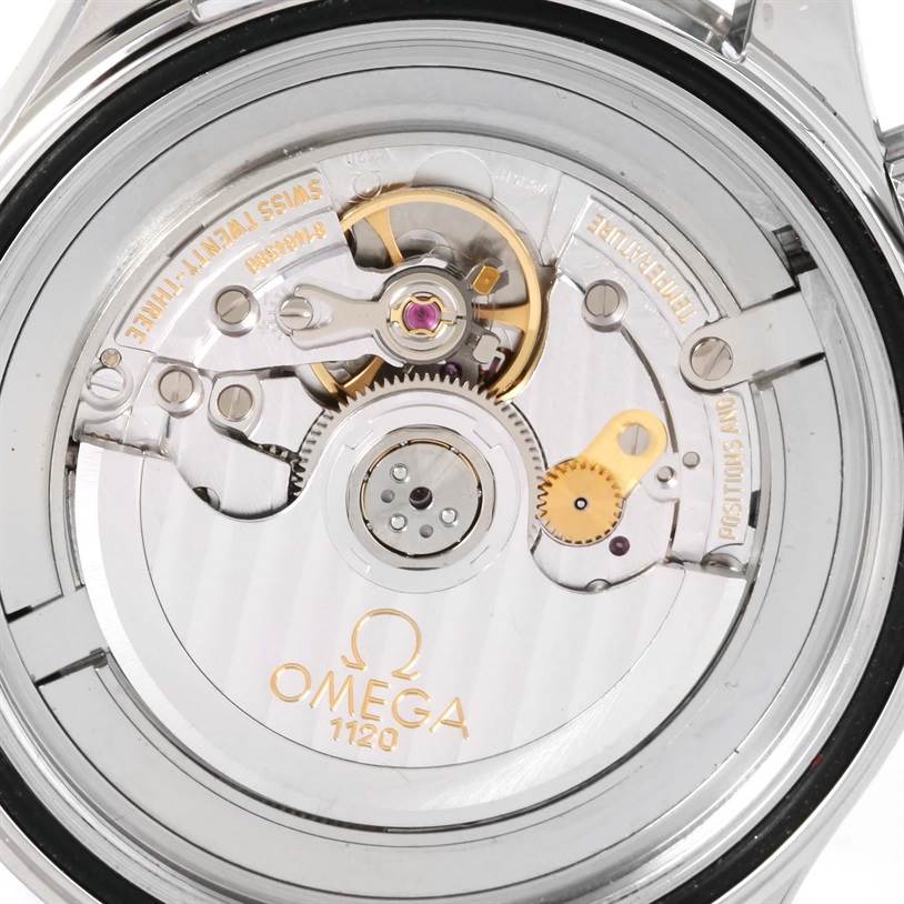This image shows the movement and inner mechanics of an Omega Seamaster 2254 50 00 Men
s Stainless Steel Black Dial 2254 50 00 Men
s Stainless Steel Black Dial watch from a rear perspective.