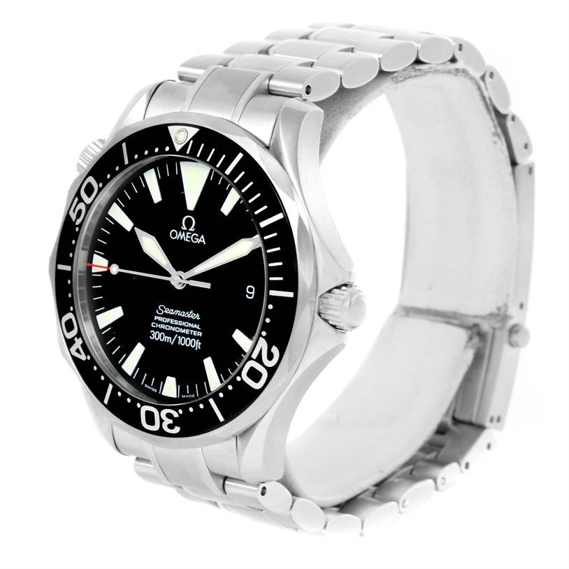 The Omega Seamaster 2254 50 00 Men
s Stainless Steel Black Dial 2254 50 00 Men
s Stainless Steel Black Dial watch is shown at an angled view, displaying its face, bezel, and stainless steel bracelet.
