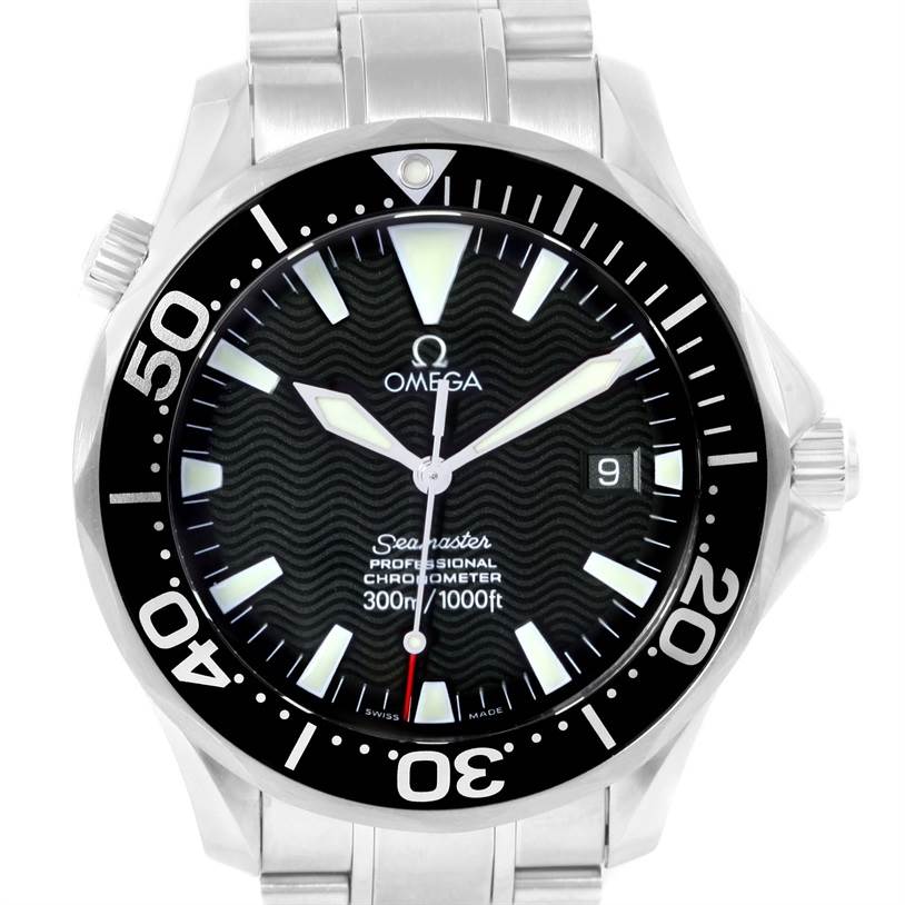 The image shows a front view of the Omega Seamaster 2254 50 00 Men
s Stainless Steel Black Dial 2254 50 00 Men
s Stainless Steel Black Dial watch, displaying the dial, bezel, and part of the bracelet.