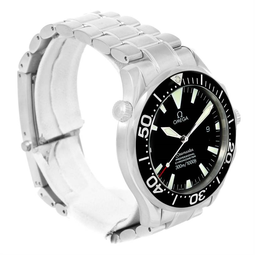 The Omega Seamaster 2254 50 00 Men
s Stainless Steel Black Dial 2254 50 00 Men
s Stainless Steel Black Dial watch is shown at an angle displaying its face, bezel, and bracelet.