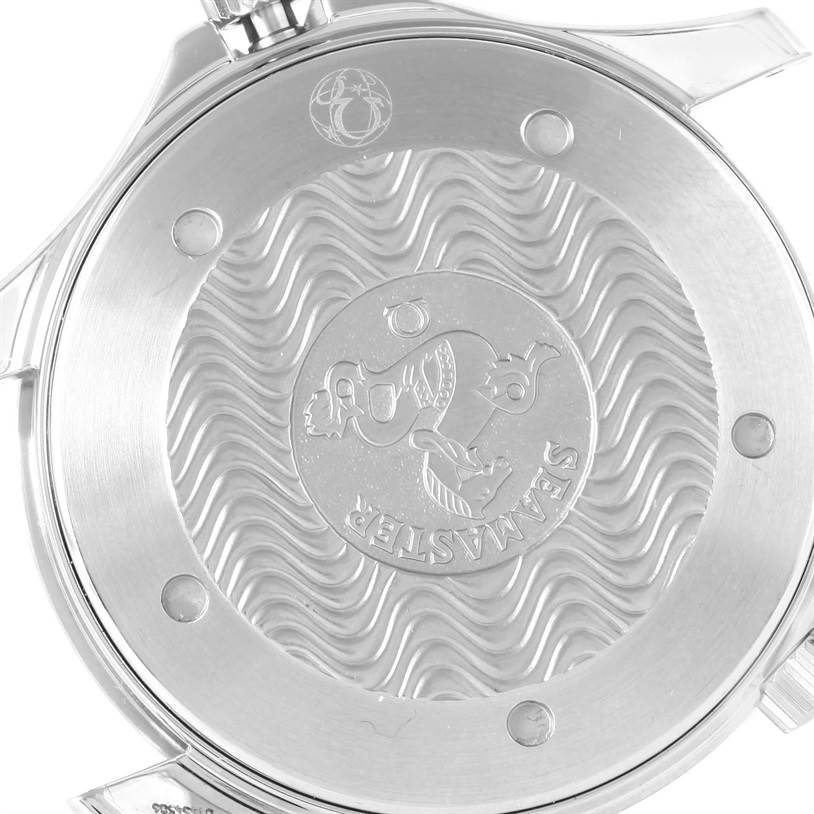 The image shows the back case of an Omega Seamaster 2254 50 00 Men
s Stainless Steel Black Dial 2254 50 00 Men
s Stainless Steel Black Dial watch, featuring engraved details and the brand
s logo.