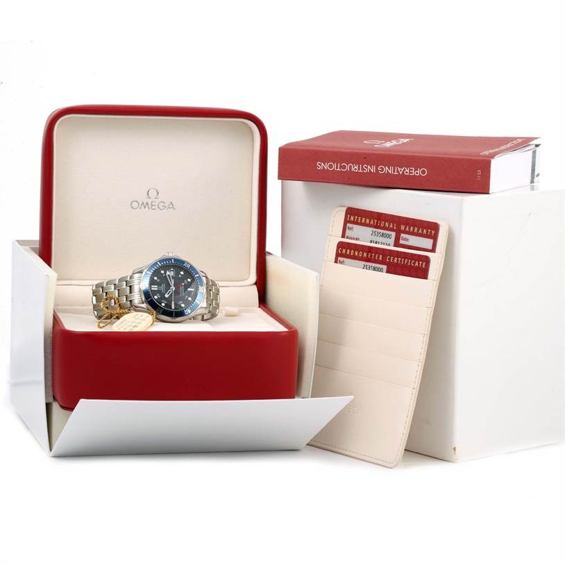 The Omega Seamaster 2535.80.00 Men
s Stainless Steel Blue Dial 2535.80.00 Men
s Stainless Steel Blue Dial watch is displayed inside its box, with the operating instructions, international warranty, and chronometer certificate shown.