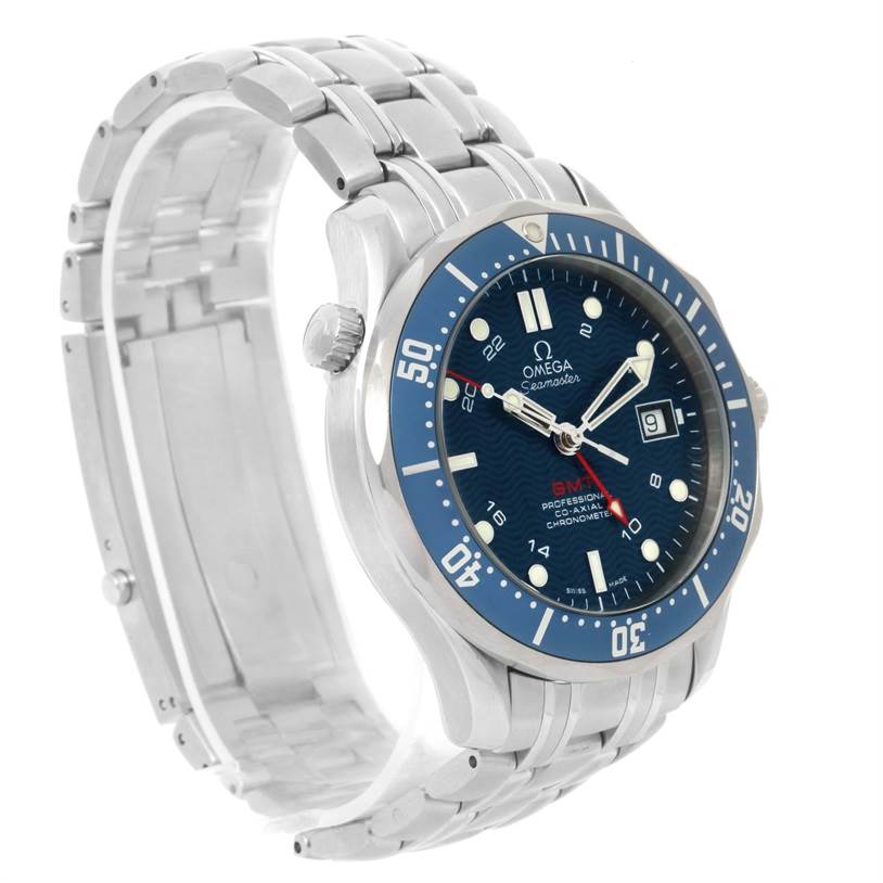 The Omega Seamaster 2535.80.00 Men
s Stainless Steel Blue Dial 2535.80.00 Men
s Stainless Steel Blue Dial watch is shown at a slight angle from the front, displaying its face, bezel, and stainless steel bracelet.