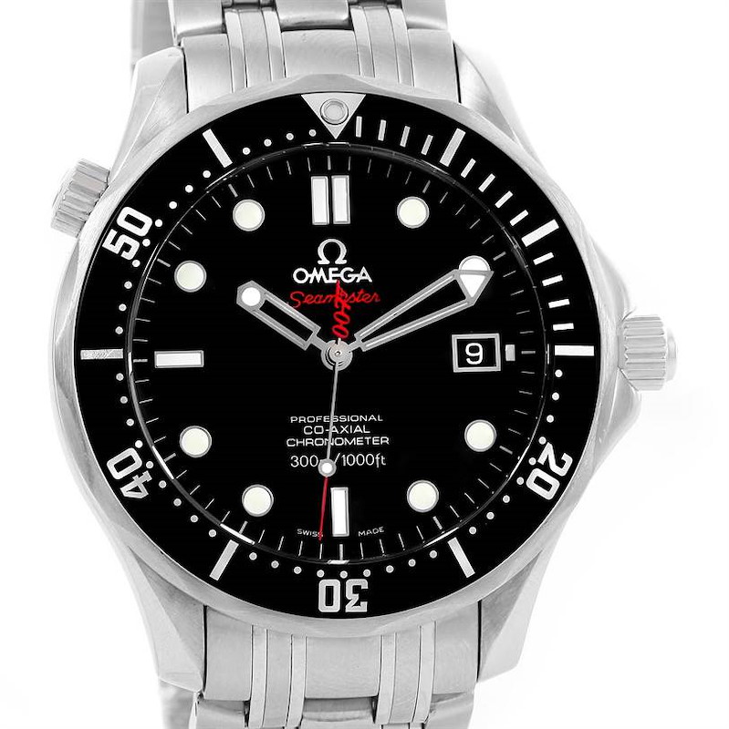 The image shows the front view of the Omega Seamaster watch, highlighting its dial, bezel, and part of the bracelet.