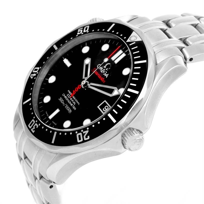 The image shows an angled view of the Omega Seamaster 212.30.41.20.01.001 Men
s Stainless Steel Black Dial 212.30.41.20.01.001 Men
s Stainless Steel Black Dial watch, highlighting its face, bezel, crown, and part of the bracelet.