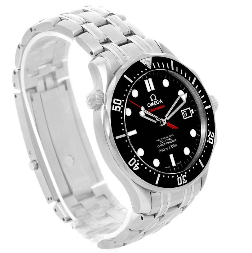 The image shows an angled view of the Omega Seamaster 212.30.41.20.01.001 Men
s Stainless Steel Black Dial 212.30.41.20.01.001 Men
s Stainless Steel Black Dial watch, highlighting the face, bezel, crown, and stainless steel bracelet.