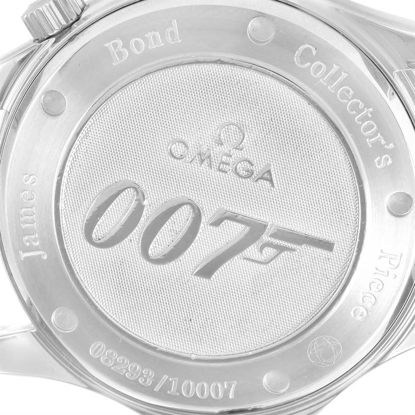 The image shows the back case of an Omega Seamaster 212.30.41.20.01.001 Men
s Stainless Steel Black Dial 212.30.41.20.01.001 Men
s Stainless Steel Black Dial watch, featuring "007," "James Bond," and "Collector
s Piece" engravings.
