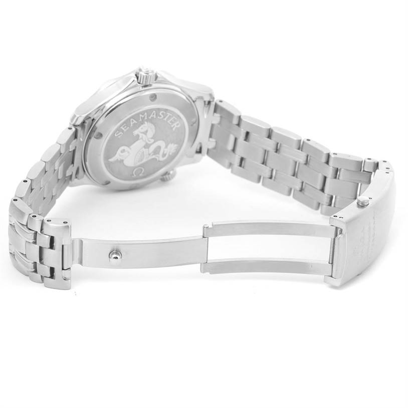 The image shows the back and partially open stainless steel bracelet of an Omega Seamaster 2222.80.00 Men
s Stainless Steel Blue Dial 2222.80.00 Men
s Stainless Steel Blue Dial watch, highlighting the case back and clasp.