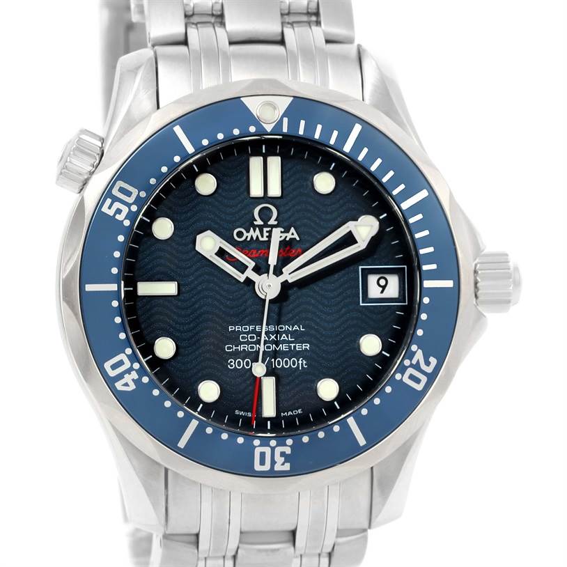 The image shows a front view of the Omega Seamaster 2222.80.00 Men
s Stainless Steel Blue Dial 2222.80.00 Men
s Stainless Steel Blue Dial watch, highlighting the dial, bezel, crown, and part of the bracelet.
