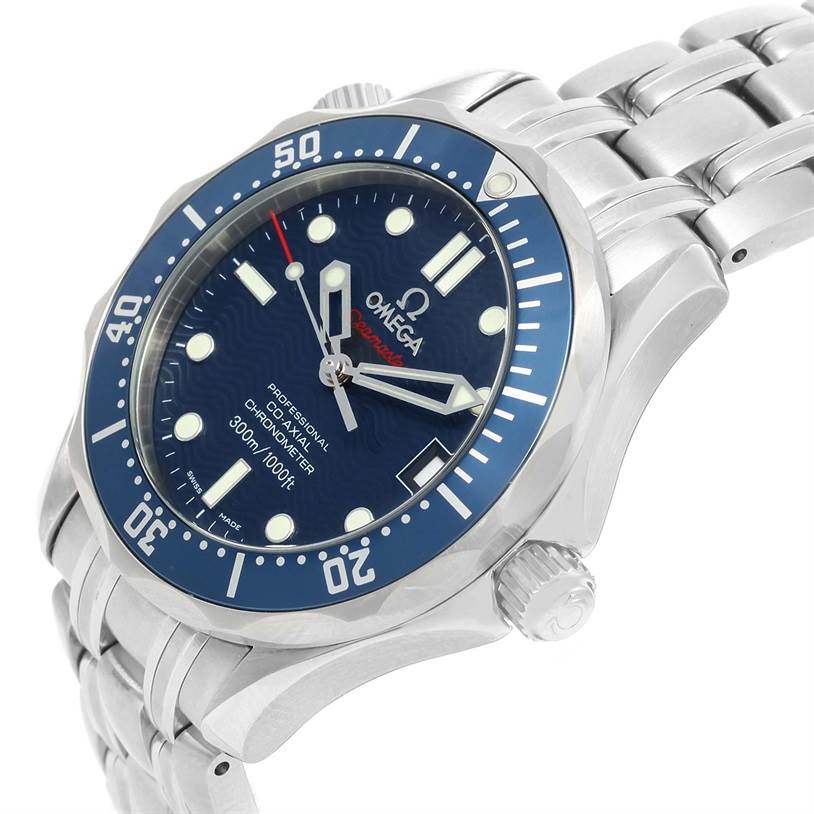 The image shows an Omega Seamaster 2222.80.00 Men
s Stainless Steel Blue Dial 2222.80.00 Men
s Stainless Steel Blue Dial watch at a three-quarter angle, highlighting the blue dial, bezel, crown, and stainless steel bracelet.
