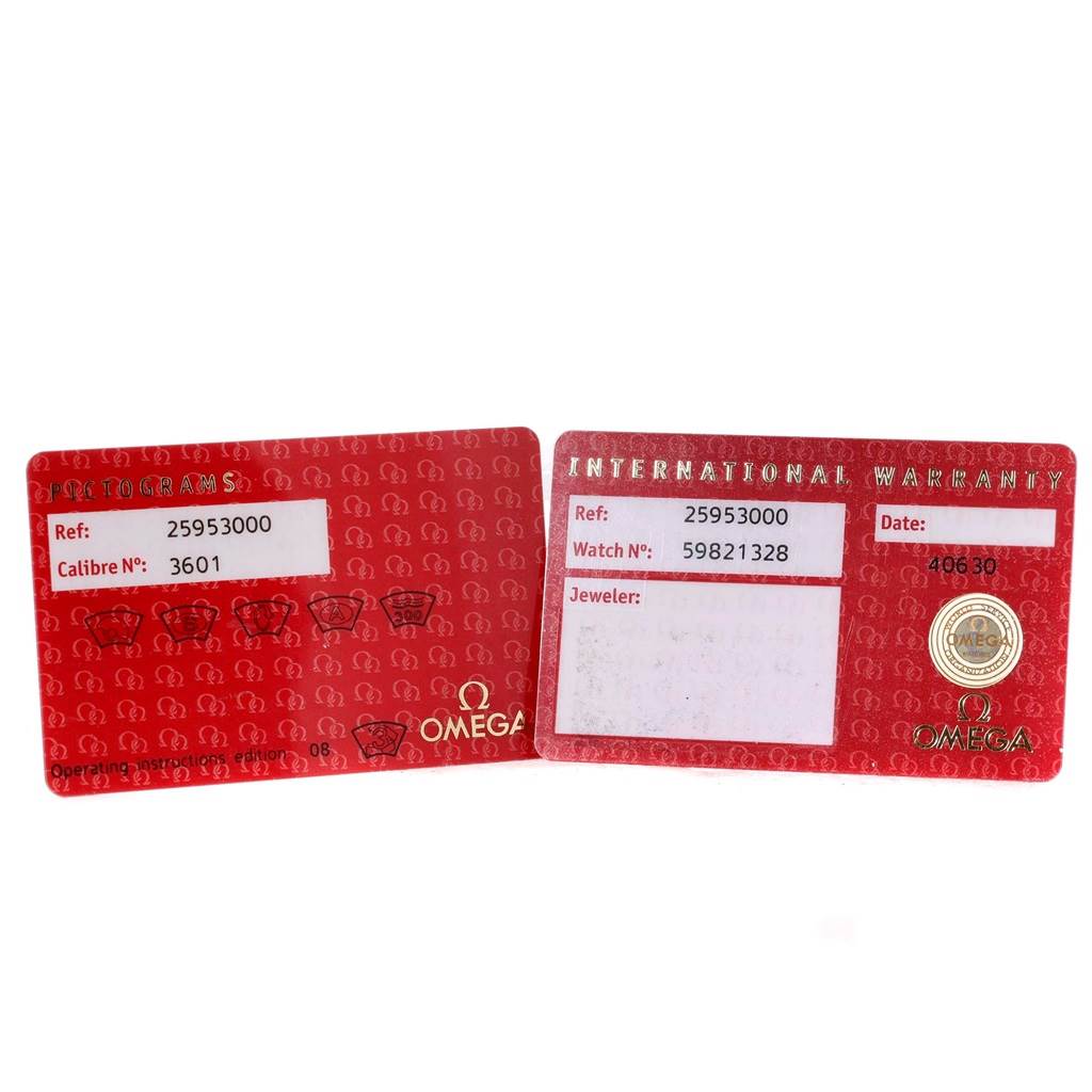 The image shows two red cards, the Pictograms and International Warranty cards, for the Omega Seamaster 2595.30.00 Men
s Stainless Steel Silver Dial 2595.30.00 Men
s Stainless Steel Silver Dial watch model.