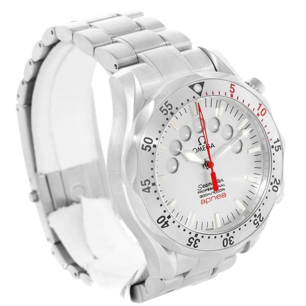 The image shows an Omega Seamaster 2595.30.00 Men
s Stainless Steel Silver Dial 2595.30.00 Men
s Stainless Steel Silver Dial watch from a three-quarter angle, highlighting the face, bezel, and part of the bracelet.