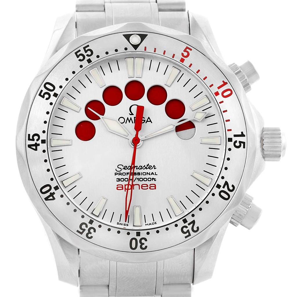 The image shows a front view of the Omega Seamaster 2595.30.00 Men
s Stainless Steel Silver Dial 2595.30.00 Men
s Stainless Steel Silver Dial Professional Apnea watch, displaying the dial and bezel clearly.