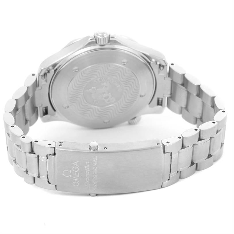 The image shows the back and clasp of an Omega Seamaster 2264.50.00 Men
s Stainless Steel Black Dial 2264.50.00 Men
s Stainless Steel Black Dial watch, highlighting the bracelet and case back.