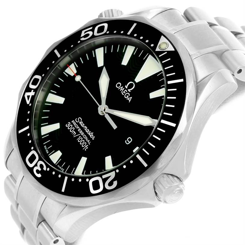 The image shows a close-up of the Omega Seamaster 2264.50.00 Men
s Stainless Steel Black Dial 2264.50.00 Men
s Stainless Steel Black Dial watch, focusing on the dial, bezel, and bracelet.