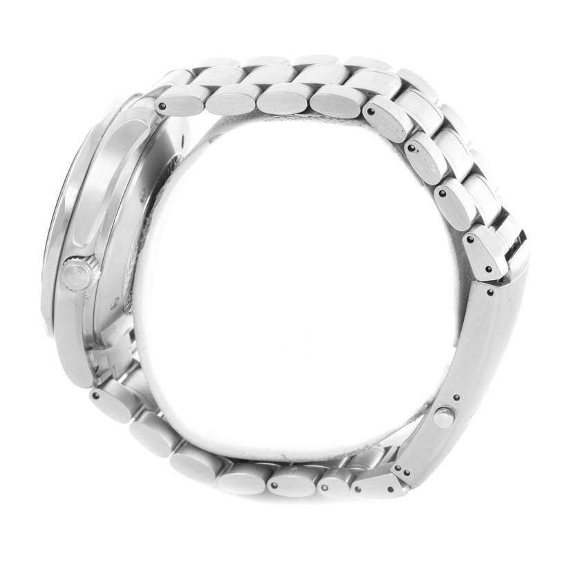 This side profile image of the Omega Seamaster 2538.20.00 Men's Stainless Steel White Dial 2538.20.00 Men's Stainless Steel White Dial watch showcases the case, crown, and metal bracelet.