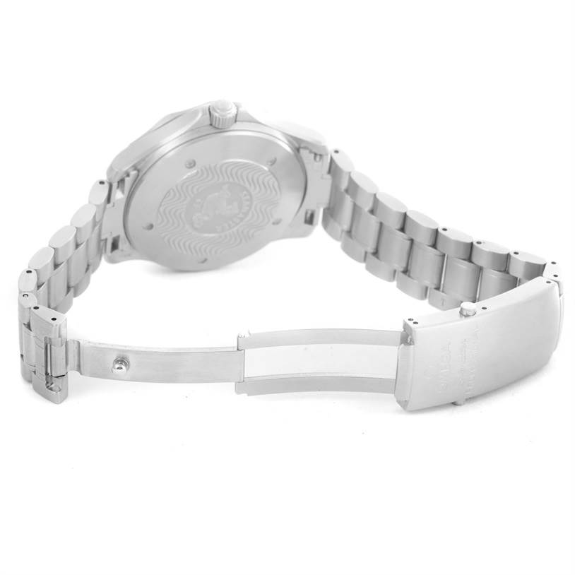 The image shows the open deployment clasp and case back of the Omega Seamaster 2538.20.00 Men's Stainless Steel White Dial 2538.20.00 Men's Stainless Steel White Dial watch at an angle.