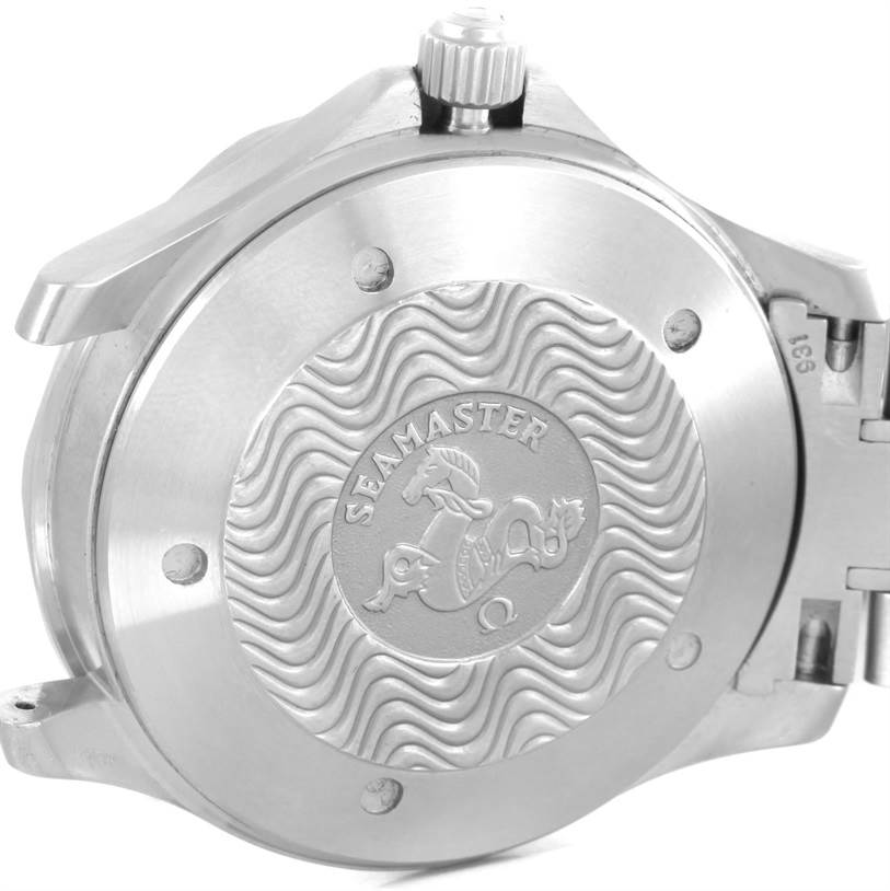 The image shows the back case and crown of an Omega Seamaster 2538.20.00 Men's Stainless Steel White Dial 2538.20.00 Men's Stainless Steel White Dial watch.