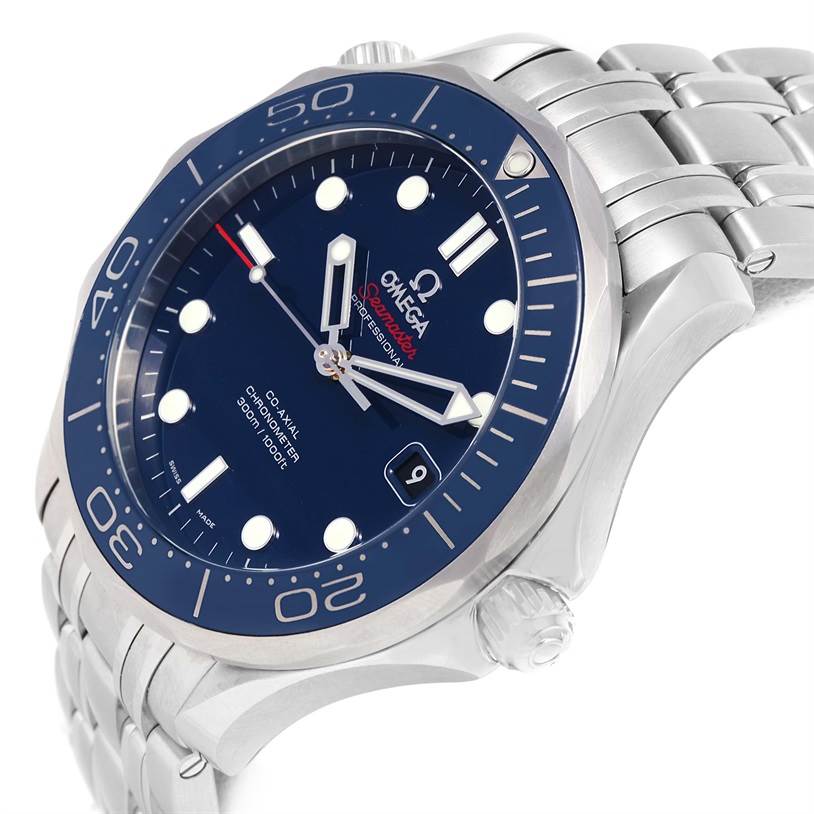 The image shows a side angle of an Omega Seamaster 212.30.41.20.03.001 Men
s Stainless Steel Blue Dial 212.30.41.20.03.001 Men
s Stainless Steel Blue Dial watch featuring its face, bezel, and partial stainless steel bracelet.