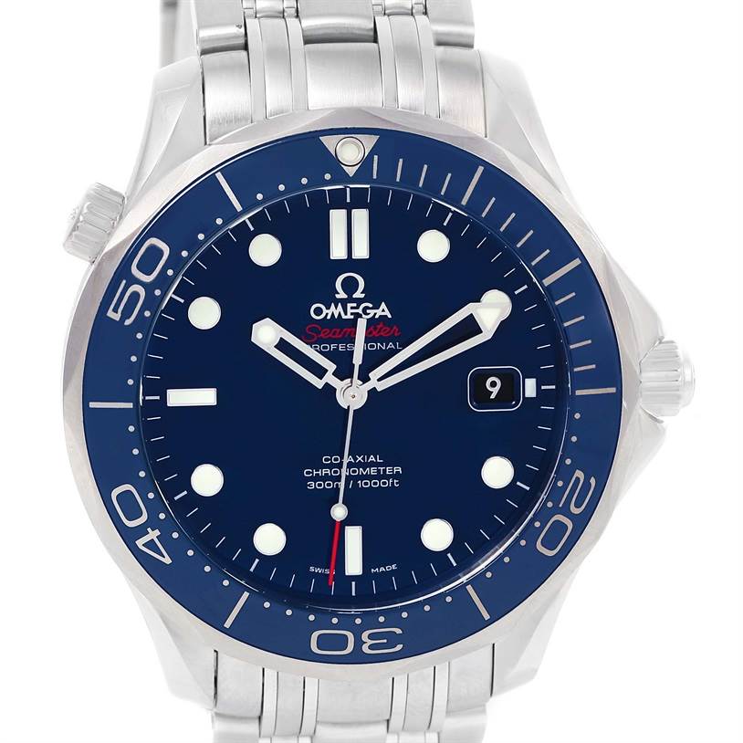 This image shows the front view of the Omega Seamaster 212.30.41.20.03.001 Men
s Stainless Steel Blue Dial 212.30.41.20.03.001 Men
s Stainless Steel Blue Dial watch, displaying the dial, bezel, and part of the bracelet.