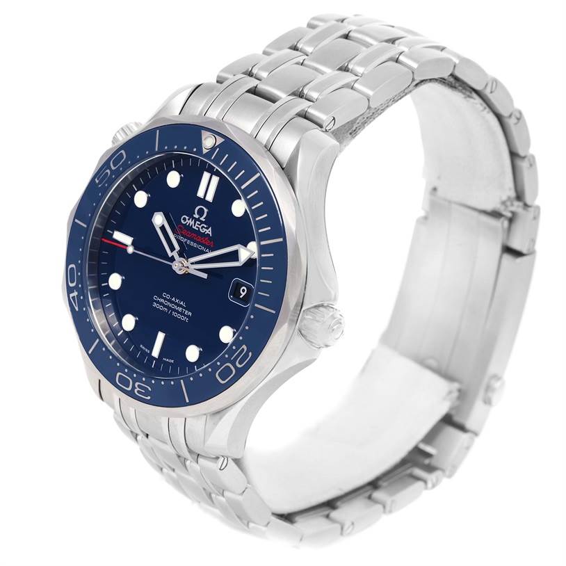 This Omega Seamaster 212.30.41.20.03.001 Men
s Stainless Steel Blue Dial 212.30.41.20.03.001 Men
s Stainless Steel Blue Dial watch is shown at a three-quarter angle, highlighting its face, bezel, crown, and metal bracelet.