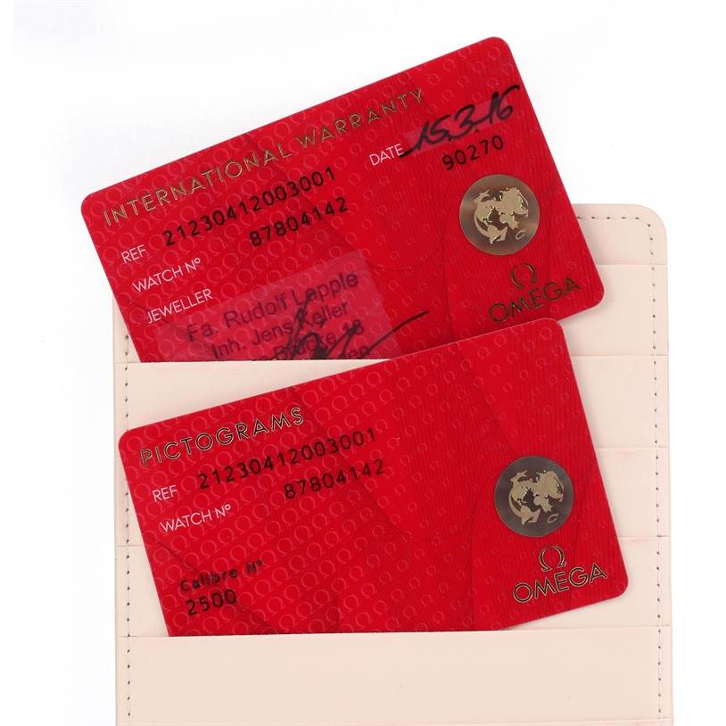 The image shows the International Warranty and Pictograms cards for an Omega Seamaster 212.30.41.20.03.001 Men
s Stainless Steel Blue Dial 212.30.41.20.03.001 Men
s Stainless Steel Blue Dial watch.