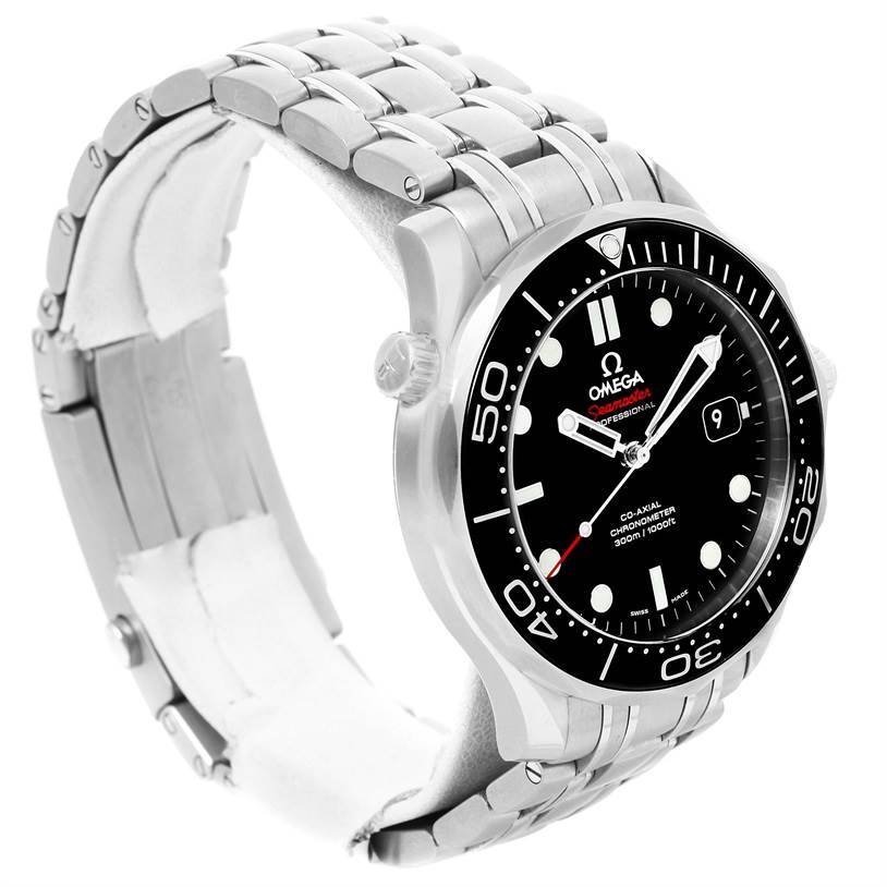 The image shows an angled side view of the Omega Seamaster 212.30.41.20.01.003 Men
s Stainless Steel Black Dial 212.30.41.20.01.003 Men
s Stainless Steel Black Dial watch, highlighting the dial, bezel, and metallic bracelet.