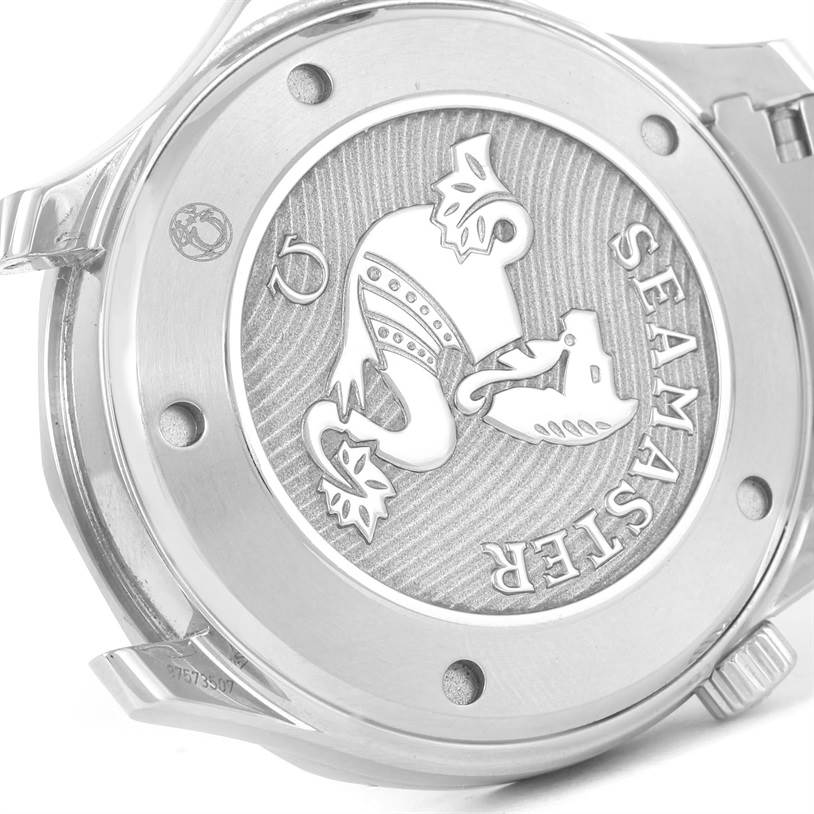 This image shows the case back of an Omega Seamaster 212.30.41.20.01.003 Men
s Stainless Steel Black Dial 212.30.41.20.01.003 Men
s Stainless Steel Black Dial watch, highlighting the engraved Seahorse emblem and "Seamaster" text.