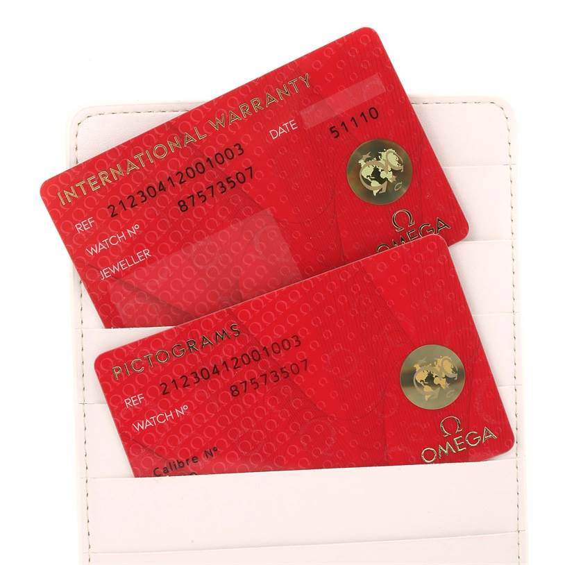 The image shows the international warranty and pictogram cards for the Omega Seamaster 212.30.41.20.01.003 Men
s Stainless Steel Black Dial 212.30.41.20.01.003 Men
s Stainless Steel Black Dial model.