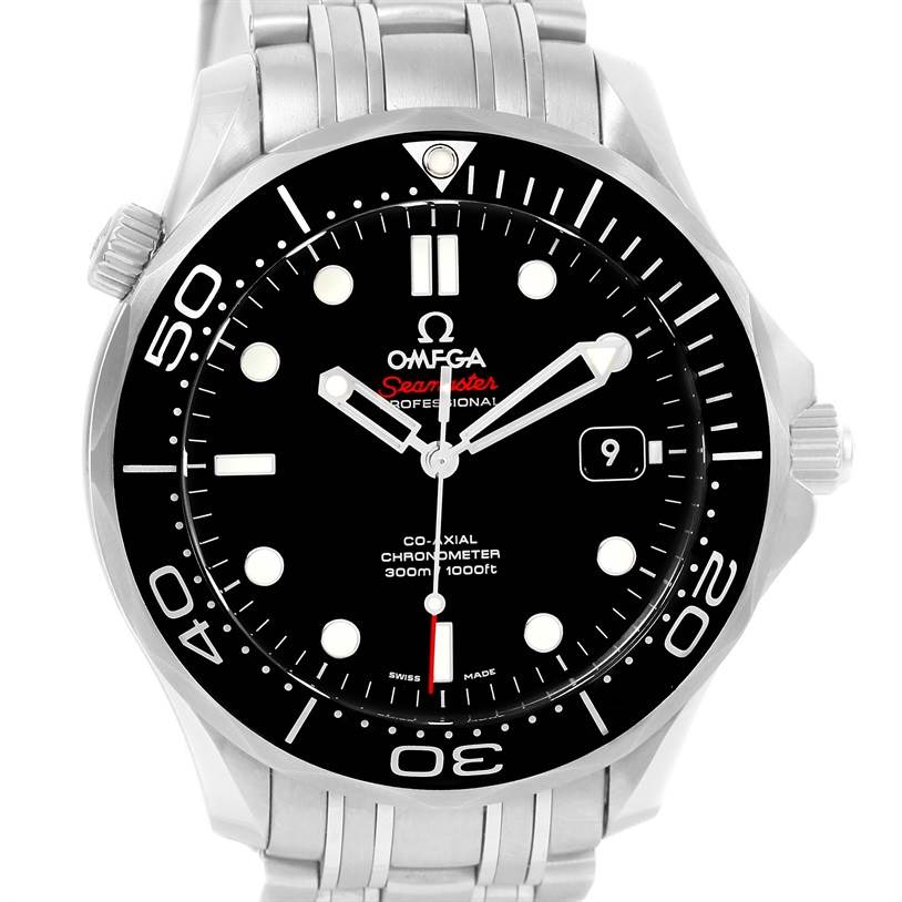 This image shows a front view of the Omega Seamaster 212.30.41.20.01.003 Men
s Stainless Steel Black Dial 212.30.41.20.01.003 Men
s Stainless Steel Black Dial Professional watch, highlighting the bezel, dial, hands, and bracelet.