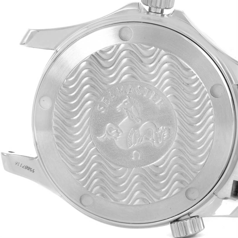 The image shows the back case of an Omega Seamaster 2561.80.00 Men
s Stainless Steel Blue Dial 2561.80.00 Men
s Stainless Steel Blue Dial watch with its engraved logo and wave pattern, viewed from a rear angle.