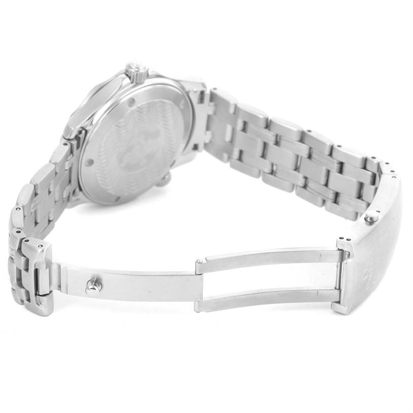 The image shows the back and partially opened clasp of an Omega Seamaster 2561.80.00 Men
s Stainless Steel Blue Dial 2561.80.00 Men
s Stainless Steel Blue Dial watch.