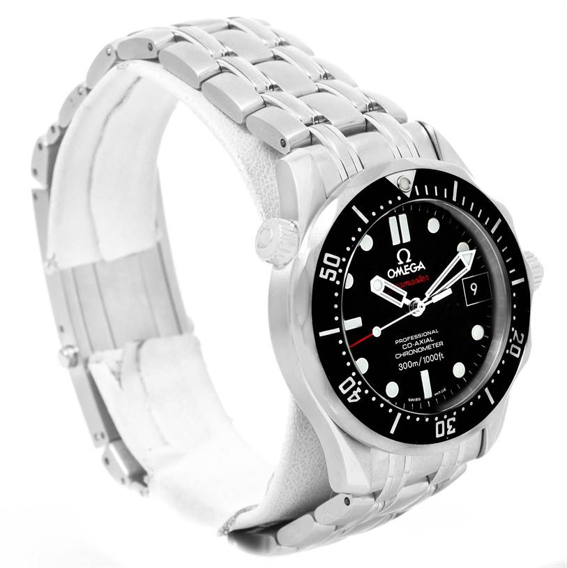 The image shows an angled view of the Omega Seamaster 212.30.36.20.01.001 Men
s Stainless Steel Black Dial 212.30.36.20.01.001 Men
s Stainless Steel Black Dial watch, displaying its face, bezel, crown, and stainless steel bracelet.