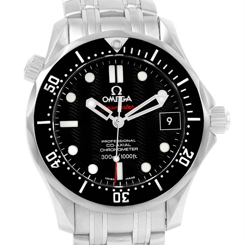The image shows a front view of the Omega Seamaster 212.30.36.20.01.001 Men
s Stainless Steel Black Dial 212.30.36.20.01.001 Men
s Stainless Steel Black Dial watch, highlighting its bezel, dial, hands, and date window.