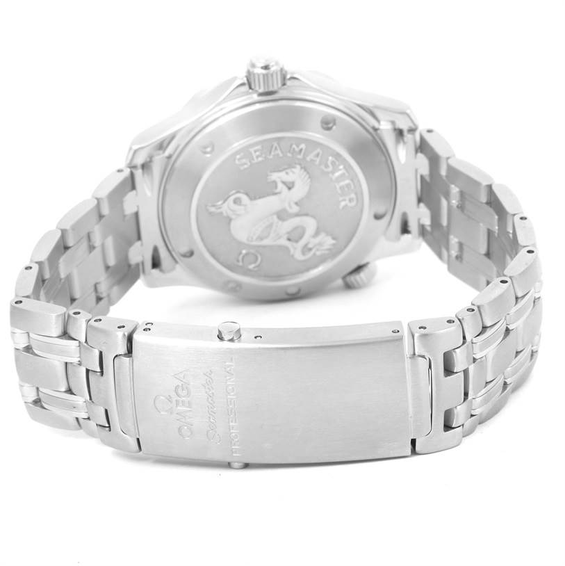 The image shows the back case and bracelet clasp of an Omega Seamaster 212.30.36.20.01.001 Men
s Stainless Steel Black Dial 212.30.36.20.01.001 Men
s Stainless Steel Black Dial watch from a rear angle.