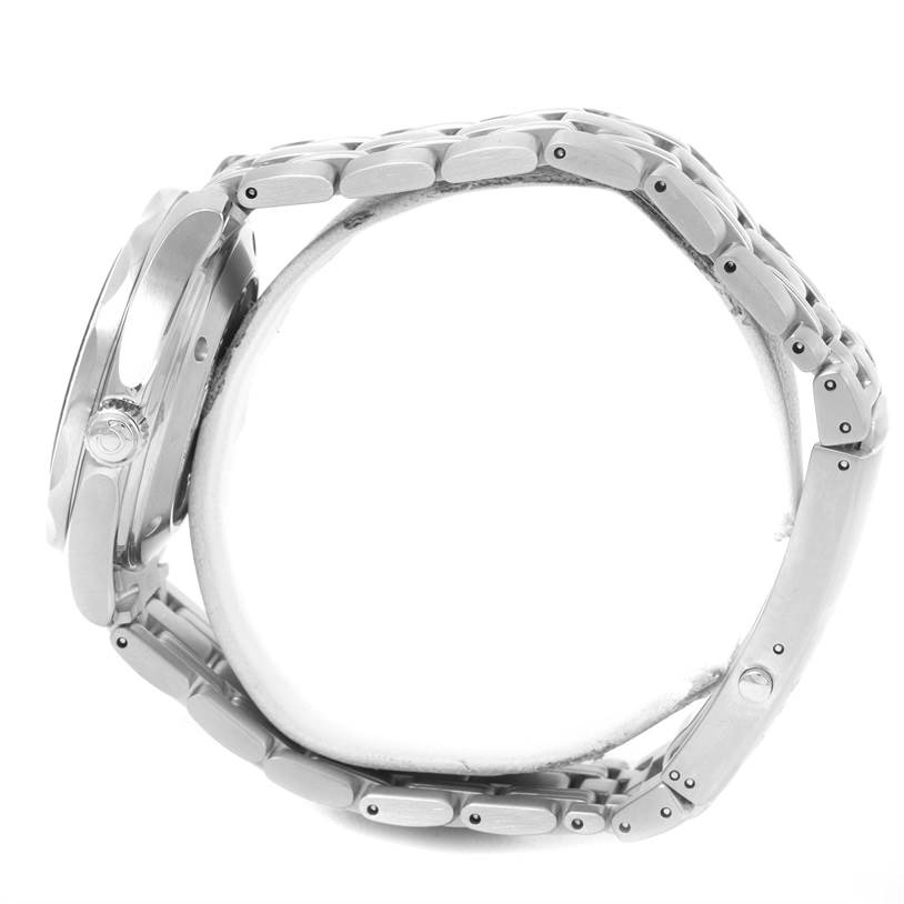 The image shows a side view of an Omega Seamaster 212.30.36.20.01.001 Men
s Stainless Steel Black Dial 212.30.36.20.01.001 Men
s Stainless Steel Black Dial watch, highlighting the case, crown, and bracelet.