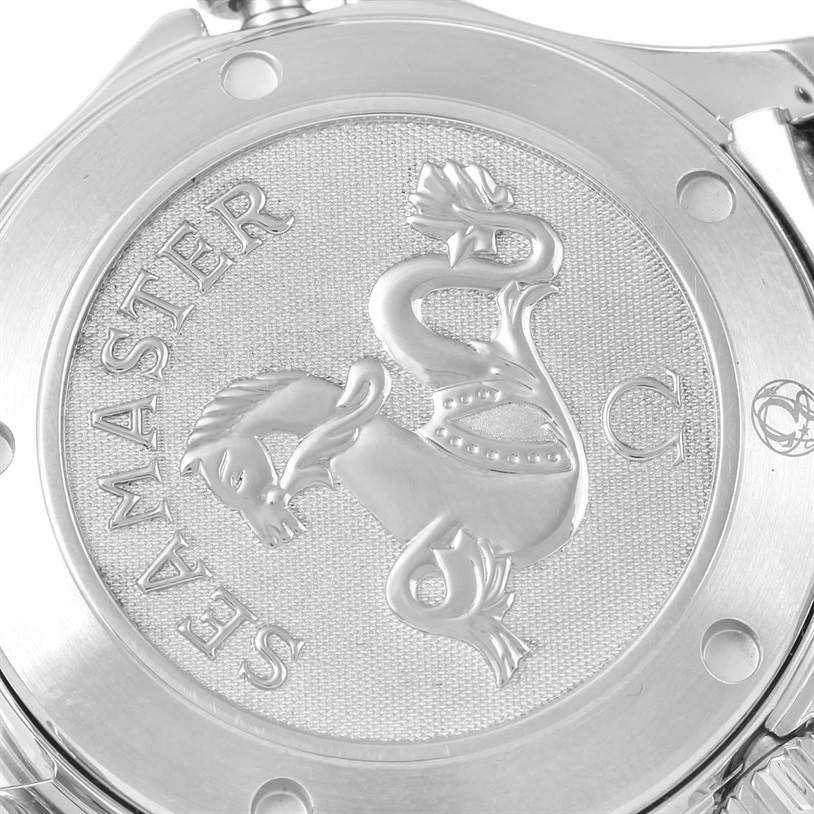 The image shows the engraved case back of an Omega Seamaster 212.30.36.20.01.001 Men
s Stainless Steel Black Dial 212.30.36.20.01.001 Men
s Stainless Steel Black Dial watch from a close-up angle.