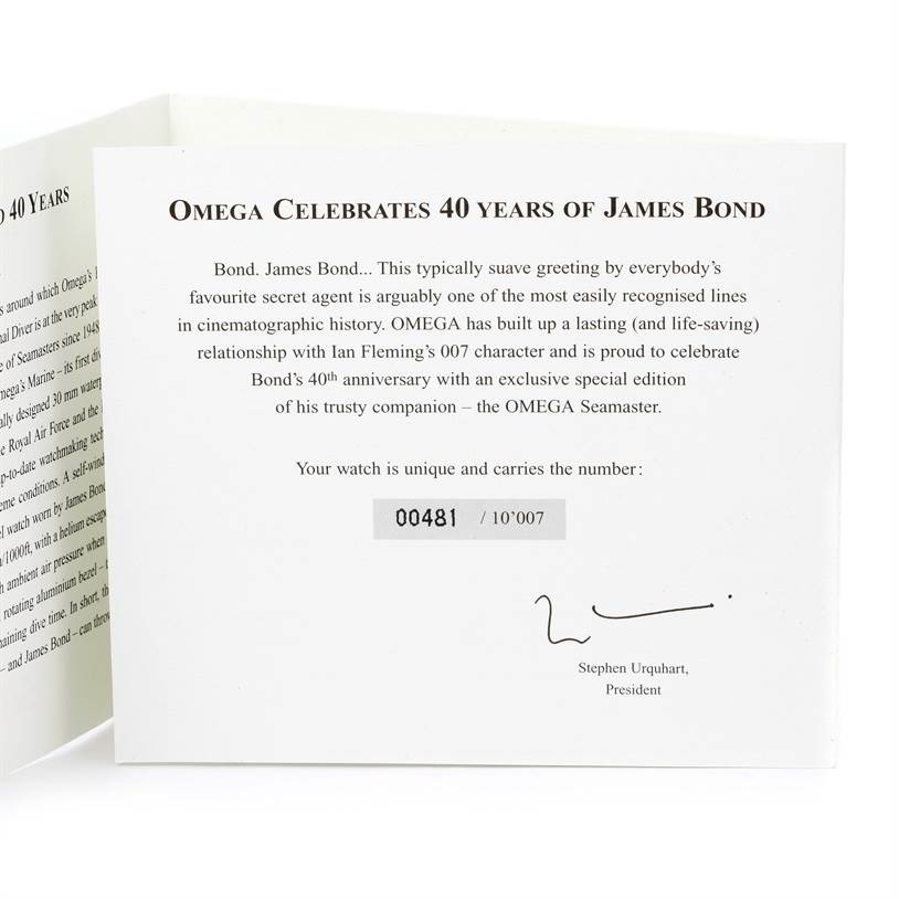 The image shows a certificate for the Omega Seamaster 2537.80.00 Men
s Stainless Steel Blue Dial 2537.80.00 Men
s Stainless Steel Blue Dial, celebrating 40 years of James Bond, with watch details and serial number.