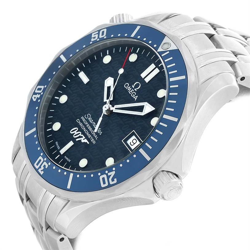 The Omega Seamaster 2537.80.00 Men
s Stainless Steel Blue Dial 2537.80.00 Men
s Stainless Steel Blue Dial watch is shown at an angled view highlighting the dial, bezel, crown, and part of the bracelet.