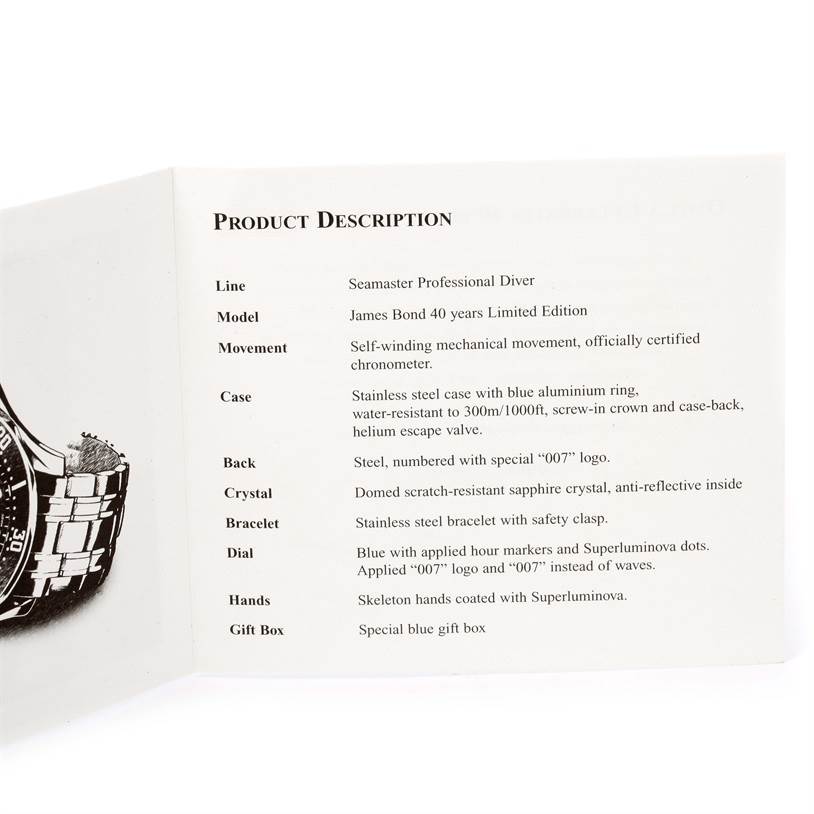 The image shows a product description page for the Omega Seamaster 2537.80.00 Men
s Stainless Steel Blue Dial 2537.80.00 Men
s Stainless Steel Blue Dial Professional Diver, James Bond 40 years Limited Edition.