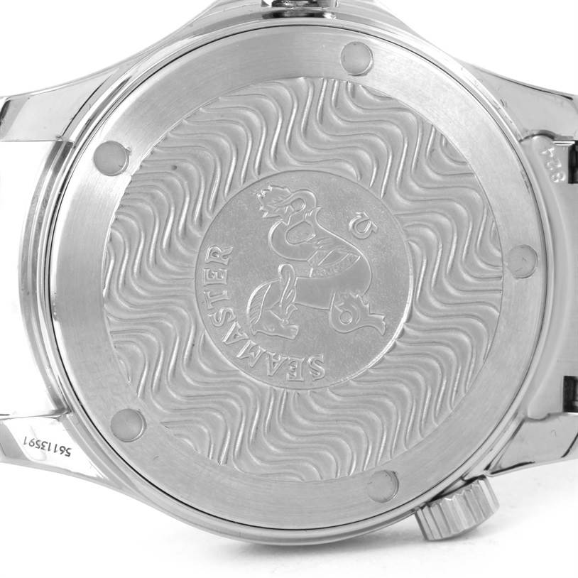 The image shows the back case of an Omega Seamaster 2561.80.00 Men
s Stainless Steel Blue Dial 2561.80.00 Men
s Stainless Steel Blue Dial watch, highlighting the engraved logo and wave pattern.