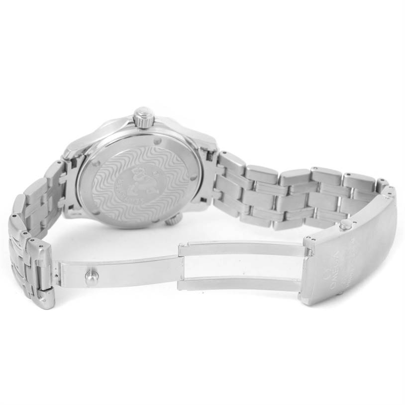 This image shows the case back, crown, and clasp of the Omega Seamaster 2561.80.00 Men
s Stainless Steel Blue Dial 2561.80.00 Men
s Stainless Steel Blue Dial watch from a rear angle.