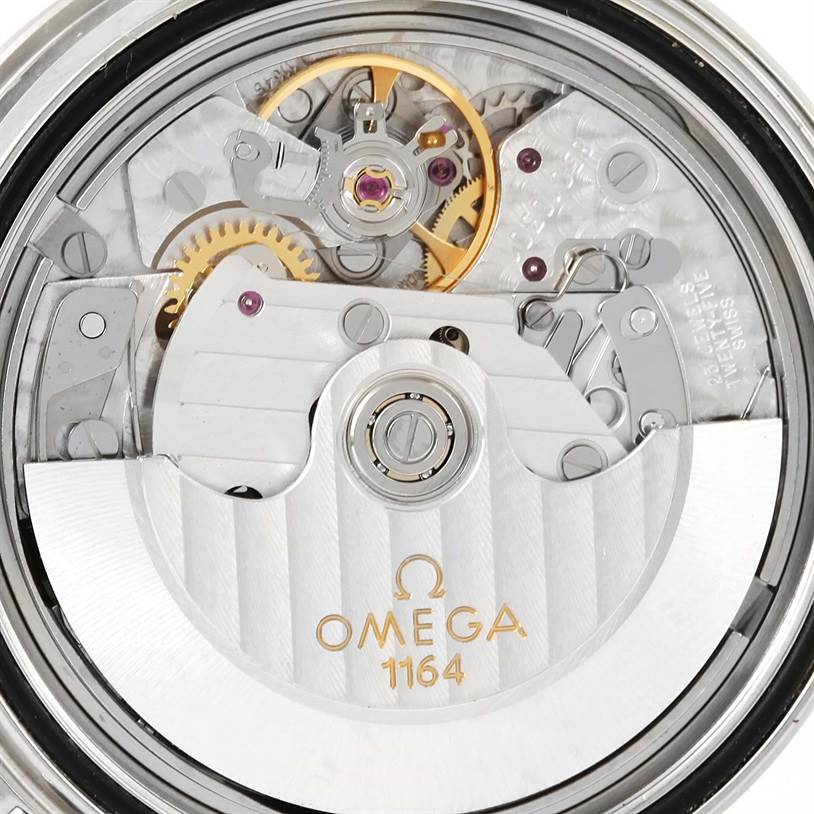 The image shows the internal mechanism of an Omega Seamaster 213.30.42.40.01.001 Men
s Stainless Steel Black Dial 213.30.42.40.01.001 Men
s Stainless Steel Black Dial watch from a close-up, rear angle.