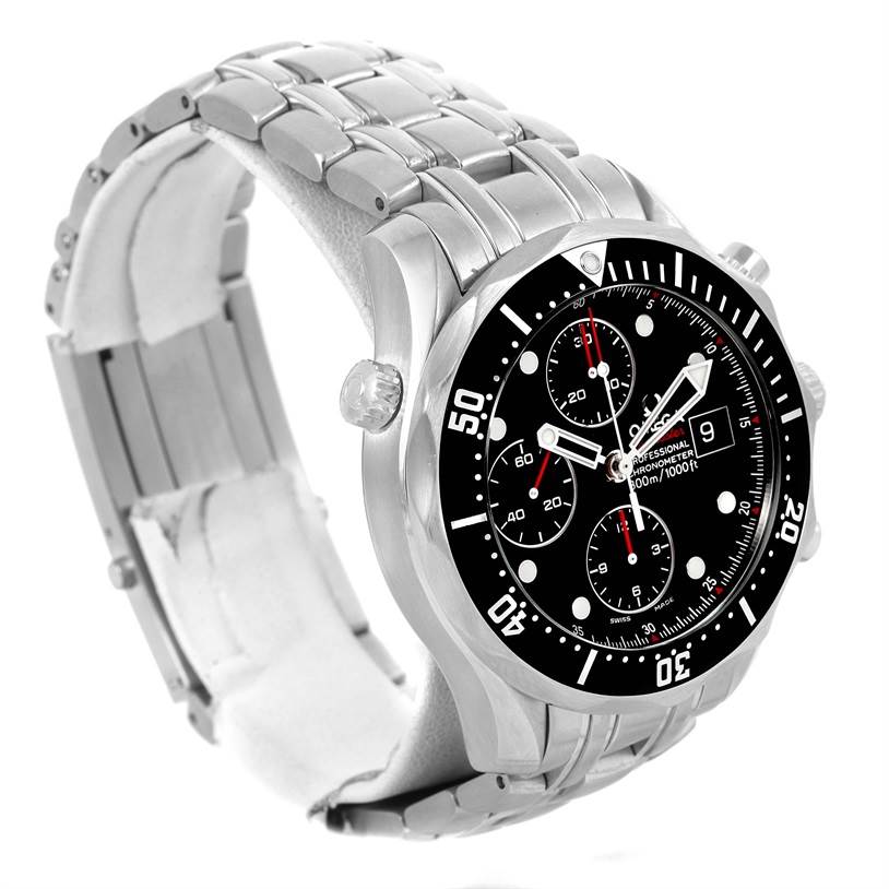 The image shows a side-angle view of an Omega Seamaster 213.30.42.40.01.001 Men
s Stainless Steel Black Dial 213.30.42.40.01.001 Men
s Stainless Steel Black Dial watch with a stainless steel bracelet and black dial.