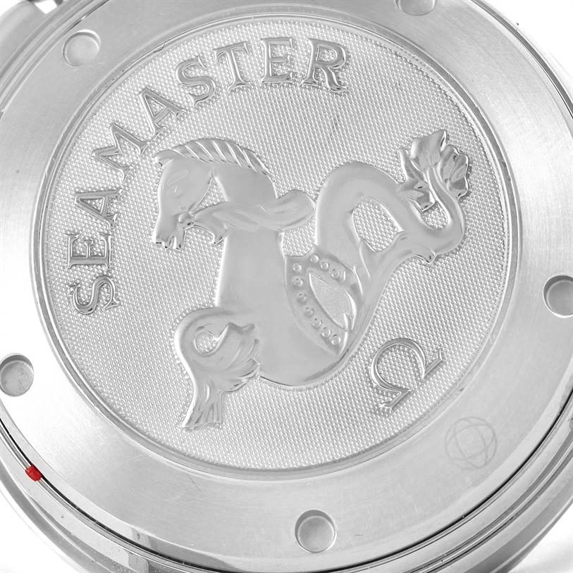 This image shows the case back of an Omega Seamaster 213.30.42.40.01.001 Men
s Stainless Steel Black Dial 213.30.42.40.01.001 Men
s Stainless Steel Black Dial watch, featuring its embossed logo and brand engraving.