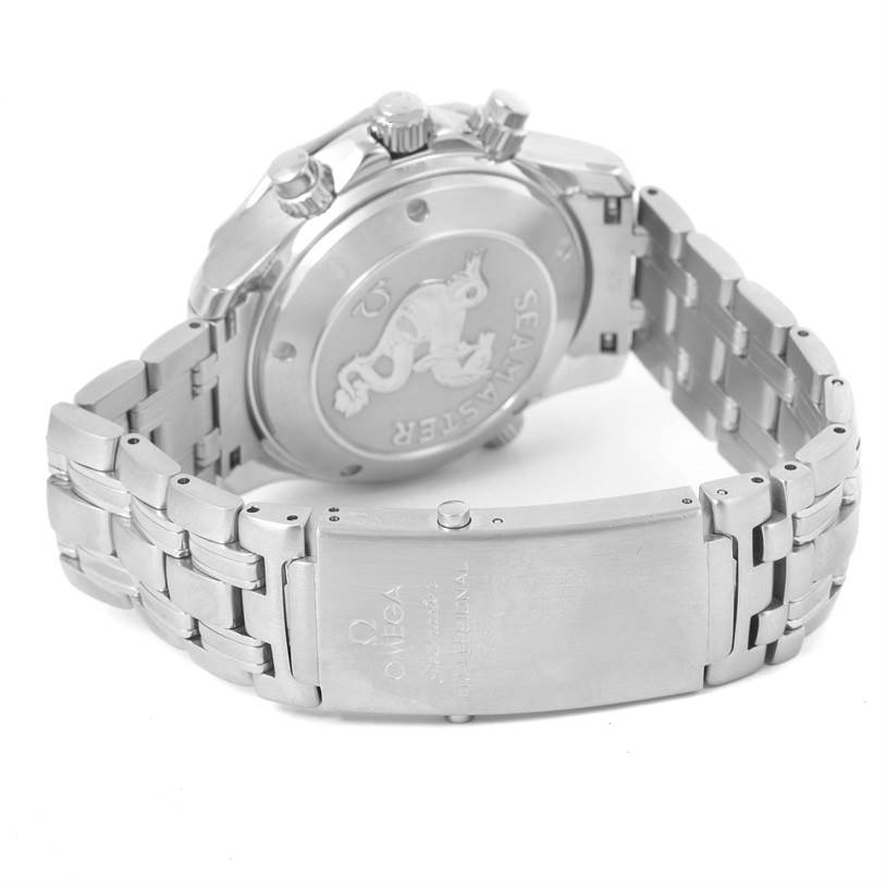 The image shows the back, clasp, and part of the bracelet of an Omega Seamaster 213.30.42.40.01.001 Men
s Stainless Steel Black Dial 213.30.42.40.01.001 Men
s Stainless Steel Black Dial watch.