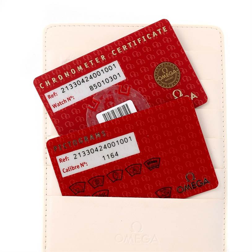 The image displays the Chronometer Certificate and Pictogram cards for the Omega Seamaster 213.30.42.40.01.001 Men
s Stainless Steel Black Dial 213.30.42.40.01.001 Men
s Stainless Steel Black Dial model watch.