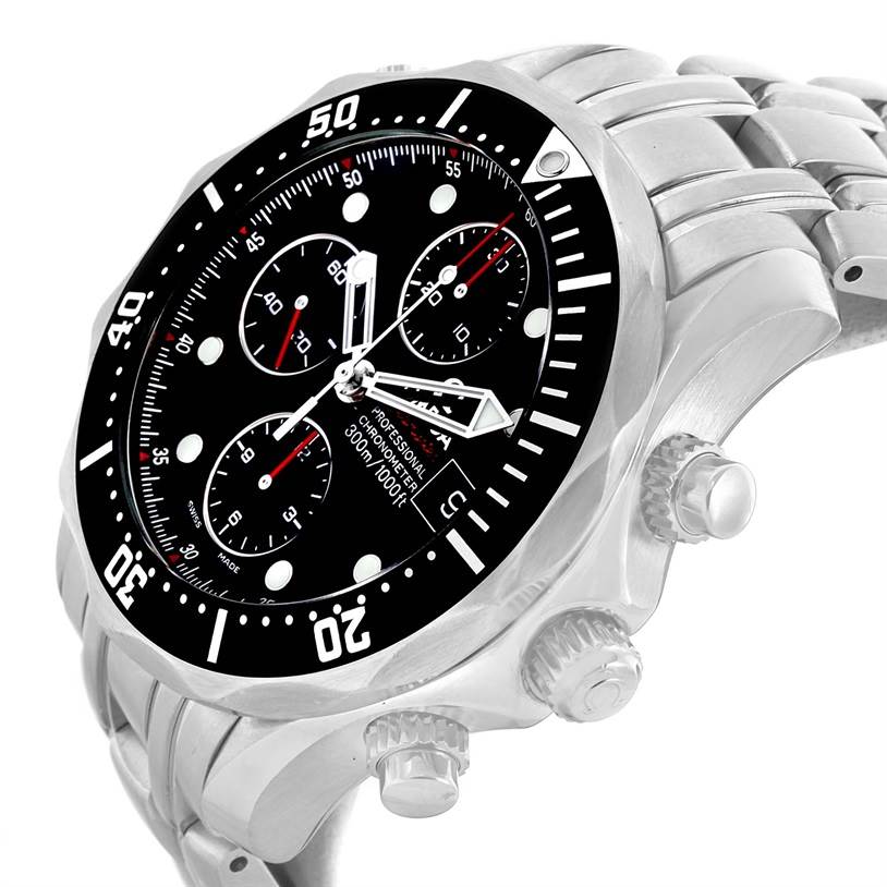 The image shows an Omega Seamaster 213.30.42.40.01.001 Men
s Stainless Steel Black Dial 213.30.42.40.01.001 Men
s Stainless Steel Black Dial watch at a tilted angle, highlighting the face, chronograph, bezel, and three pushers and crown.