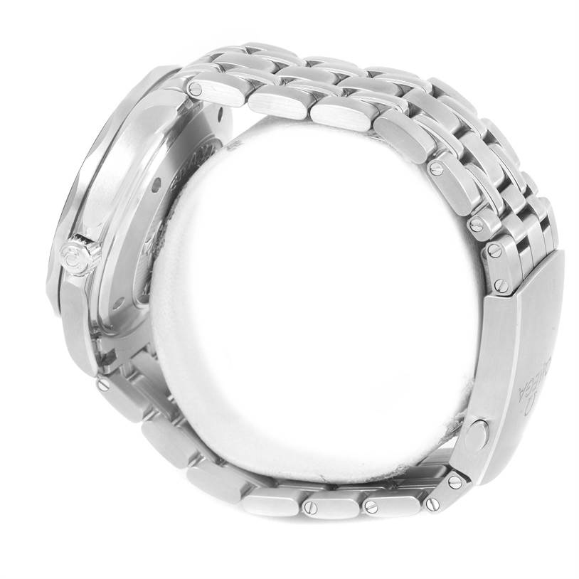 The image shows a side view of the Omega Seamaster 212.30.41.20.01.003 Men
s Stainless Steel Black Dial 212.30.41.20.01.003 Men
s Stainless Steel Black Dial watch, focusing on the case, crown, and metal bracelet.